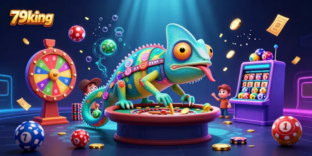 Experience the vibrant casino world of 79king with a chameleon owner and dynamic gaming elements.