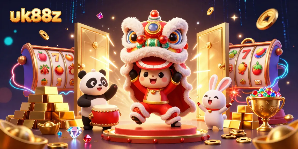 Engage with uk88z exciting casino visuals featuring a lion dance, drumming panda, and slot reels.