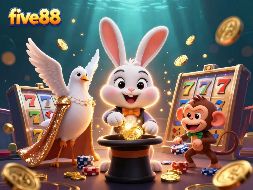 Experience thrilling slot adventures with five88 as a magician rabbit pulls in winning coins and playful characters surround you.
