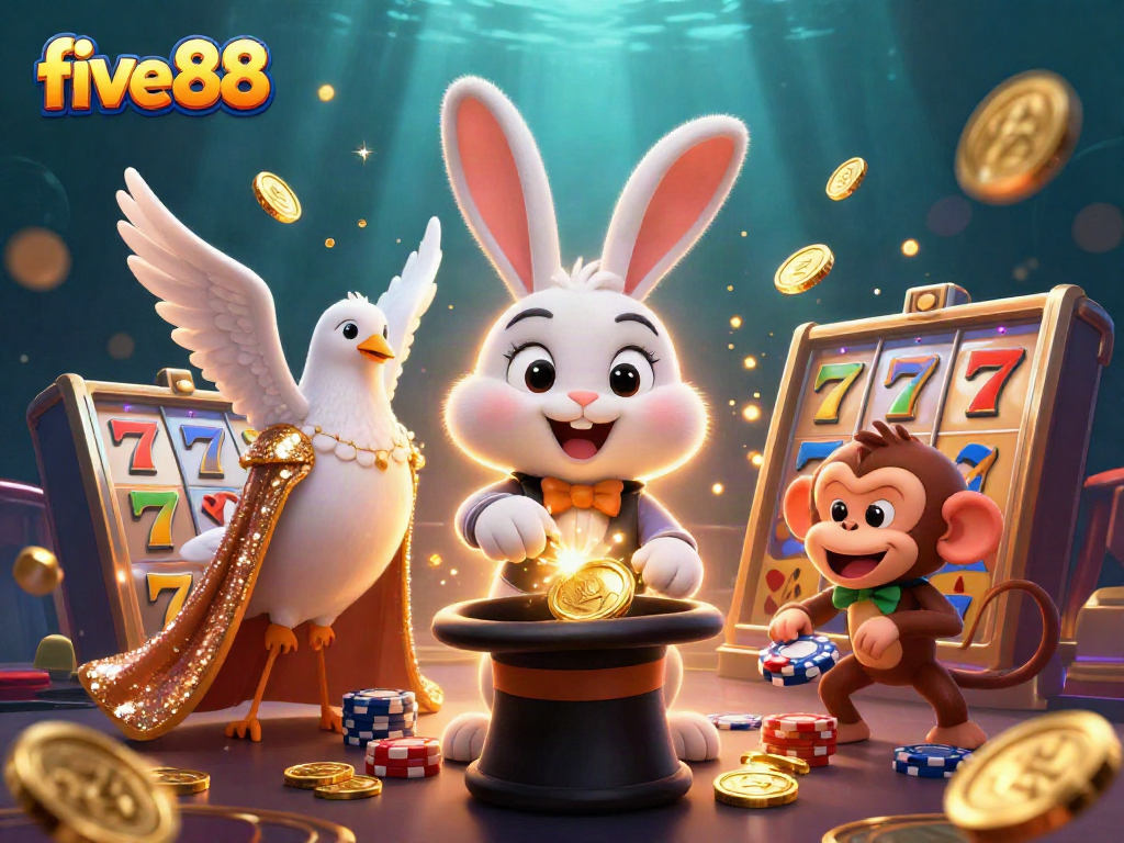 Experience thrilling slot adventures with five88 as a magician rabbit pulls in winning coins and playful characters surround you.