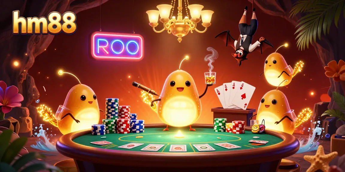 Experience the excitement of hm88 casino with a vibrant 3D illustration of glowworms lighting up a poker game.
