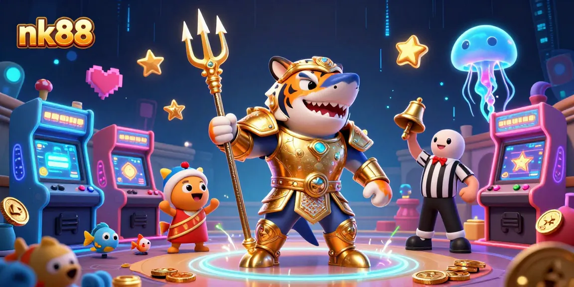 Engage in thrilling gameplay with nk88, featuring a fierce shark in gladiator armor at a vibrant underwater casino.