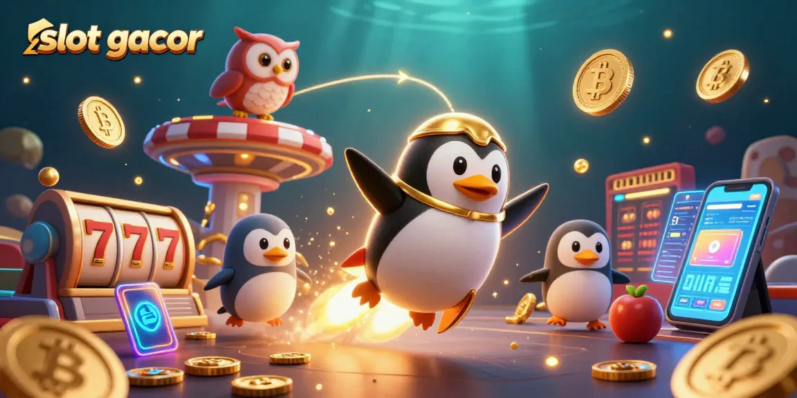 Experience the excitement of slot gacor with a golden penguin and casino-themed elements in a vibrant 3D illustration.