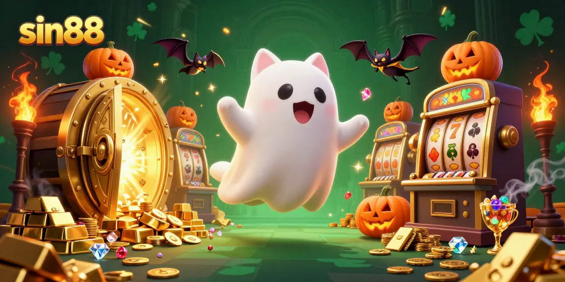 Engage with sin88's thrilling slot adventure in a haunted casino scene featuring a friendly ghost cat.
