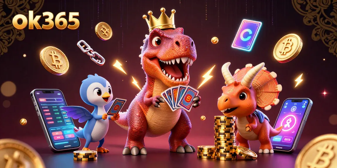 Experience thrills at ok365 with friendly dinosaur dealers managing cards and chips amid a vibrant casino scene.
