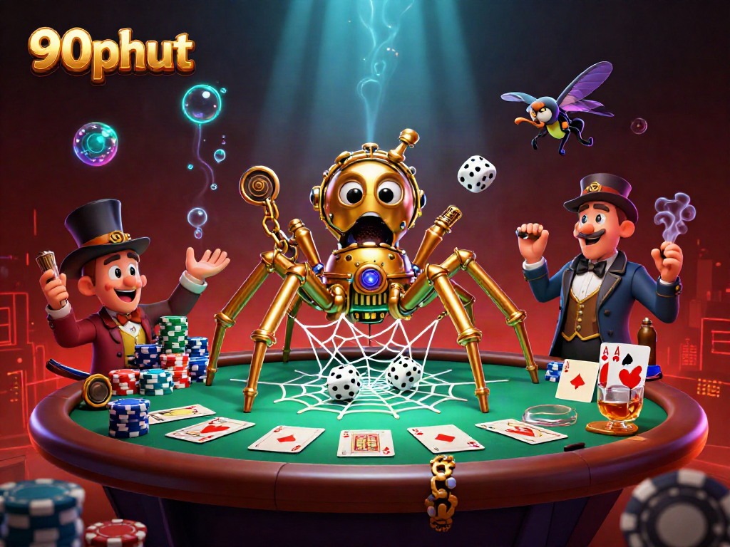 Engage with 90phut's thrilling gameplay, showcasing a golden spider catching dice amidst vibrant poker elements.