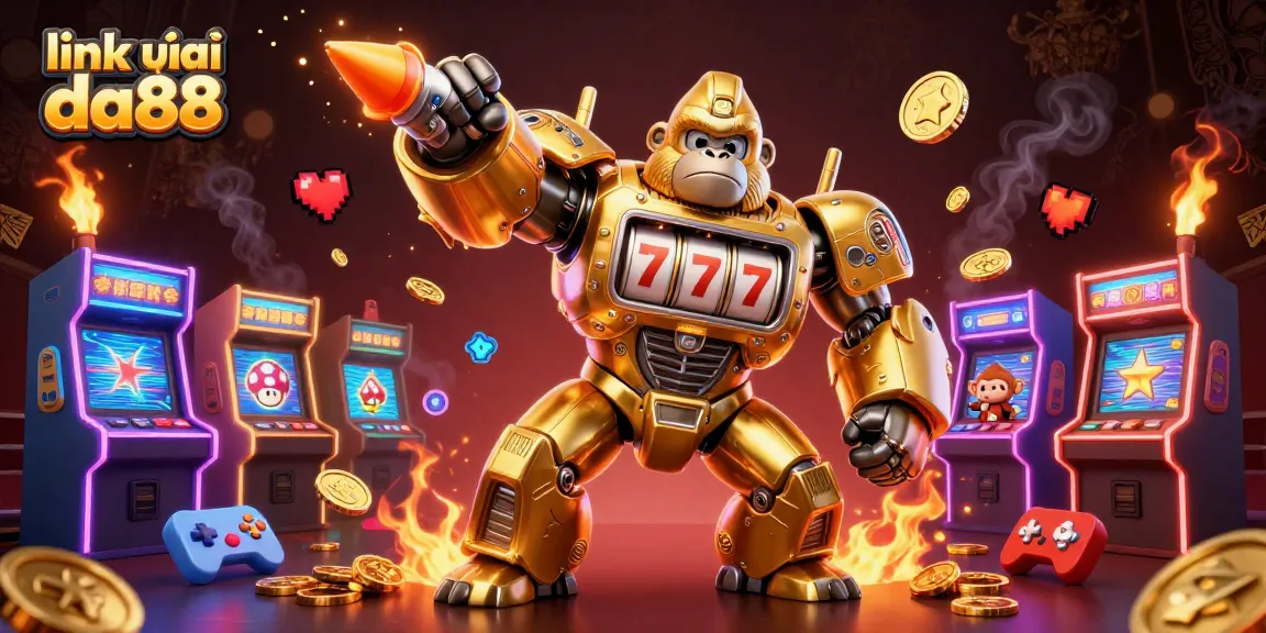 Experience the excitement with link vào da88 showcasing a golden mech and arcade elements in this vibrant scene.