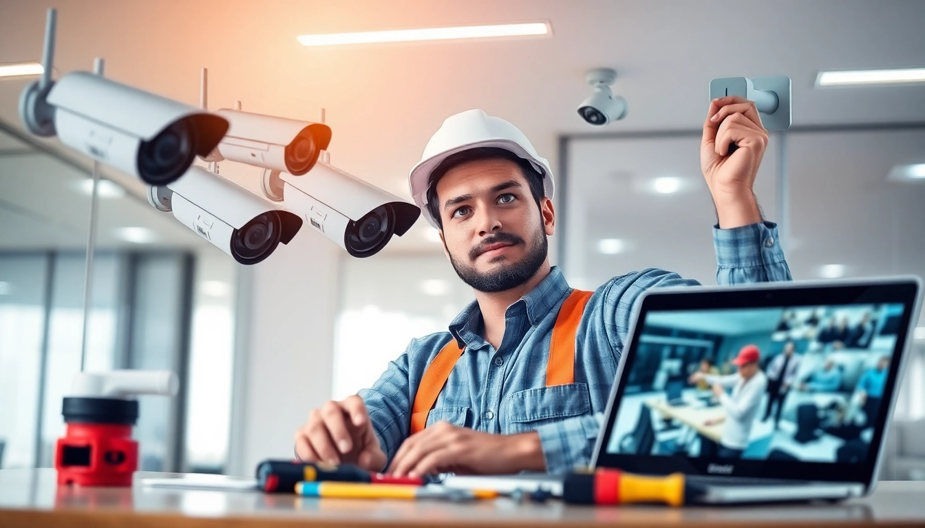 Soporte técnico en cámaras de seguridad con un técnico instalando cámaras CCTV en una oficina moderna.