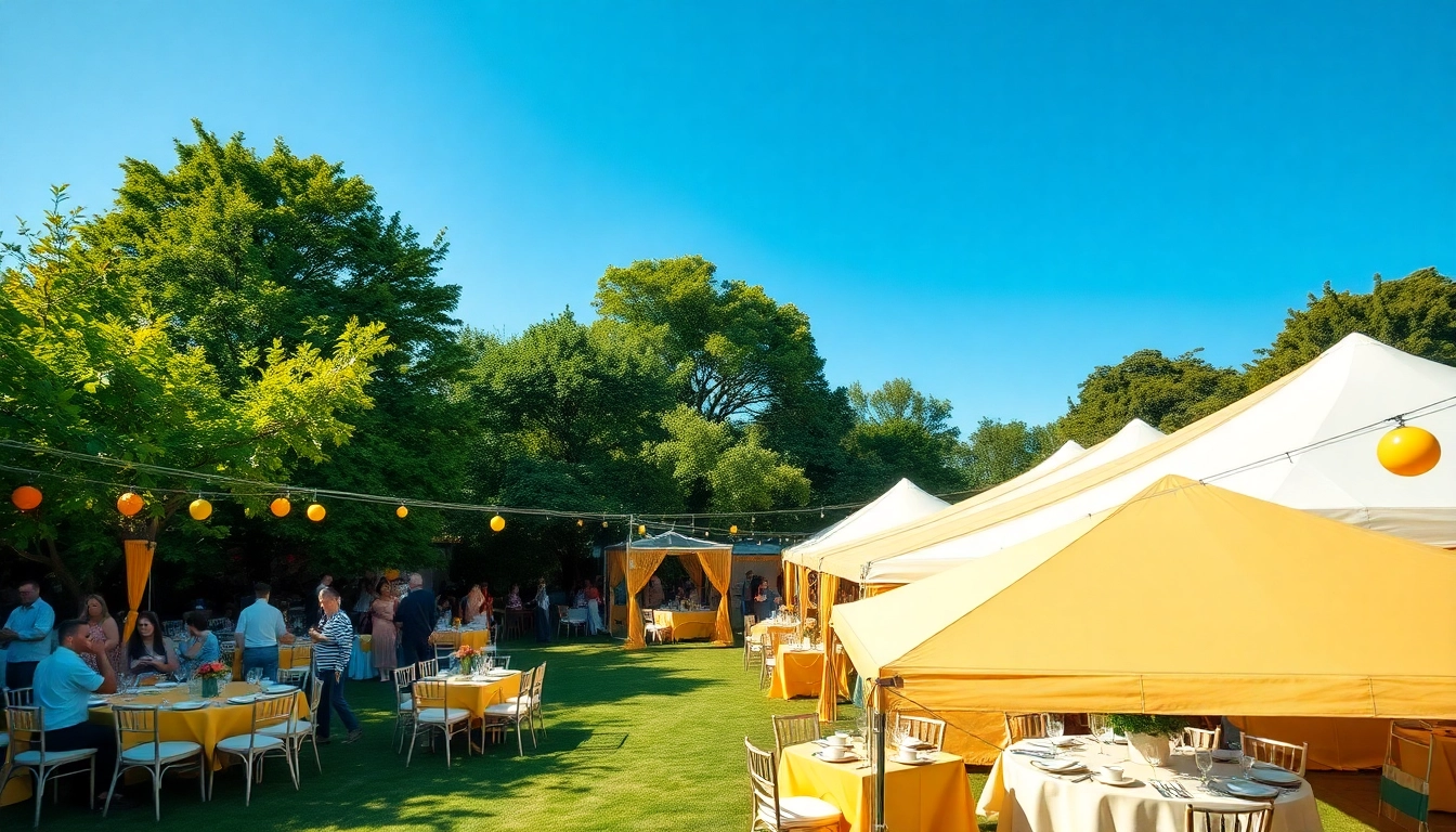 Enjoy an outdoor party rentals setup featuring colorful decorations and joyful guests.