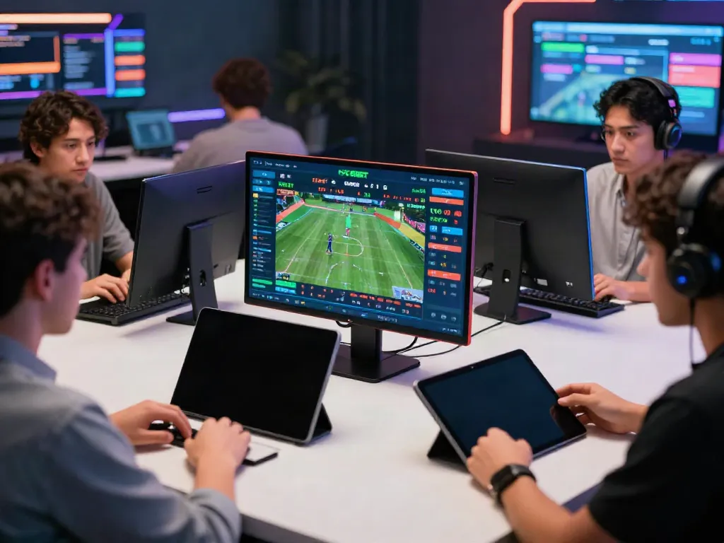 Engaged players actively participating in live sports betting on FABET with vibrant digital displays.