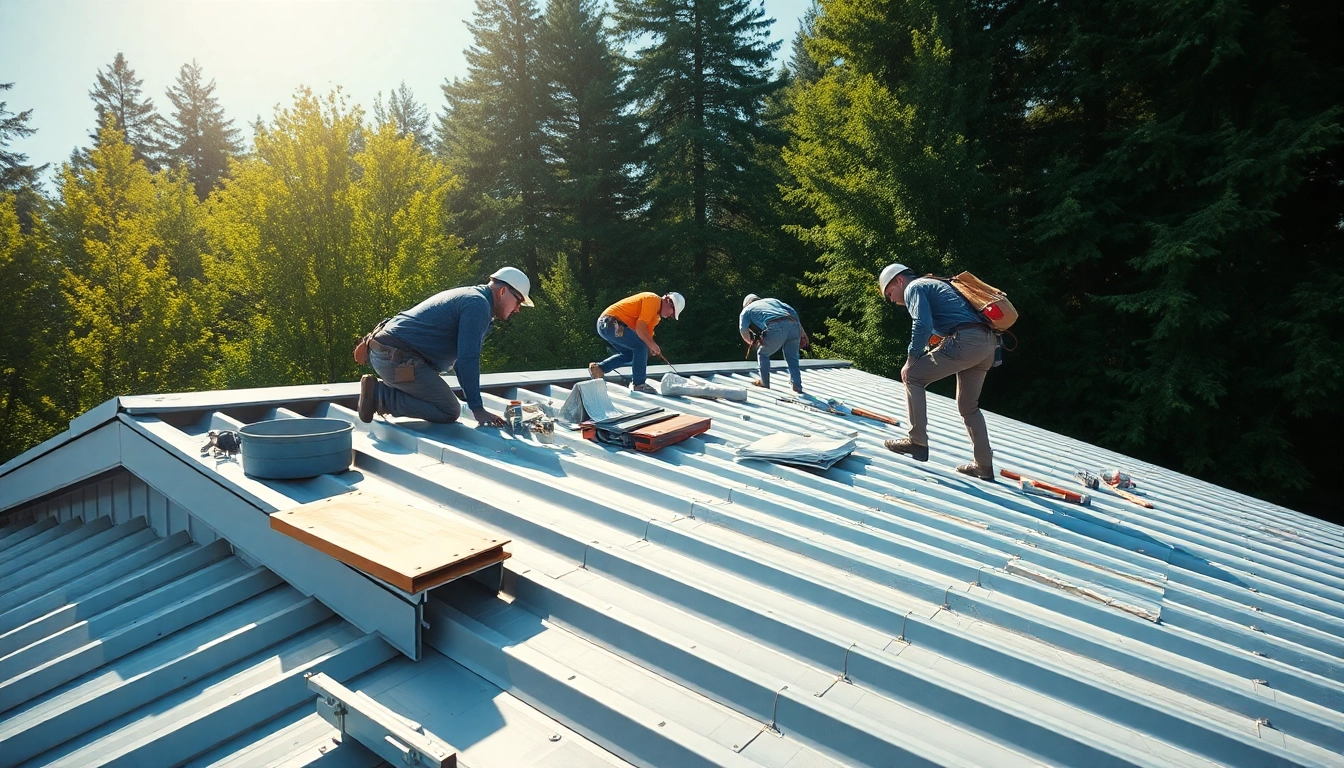 Workers expertly installing metal roofing vancouver under bright sunlight with greenery around.