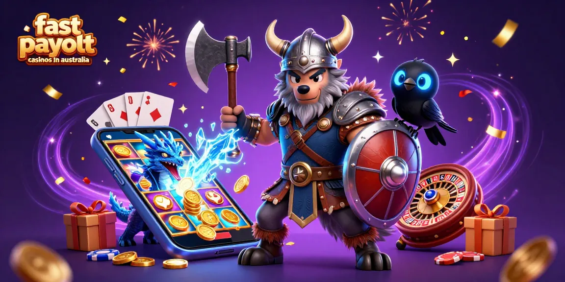 Spin to win at fast payout casinos in Australia with a Viking warrior and dragon in action.