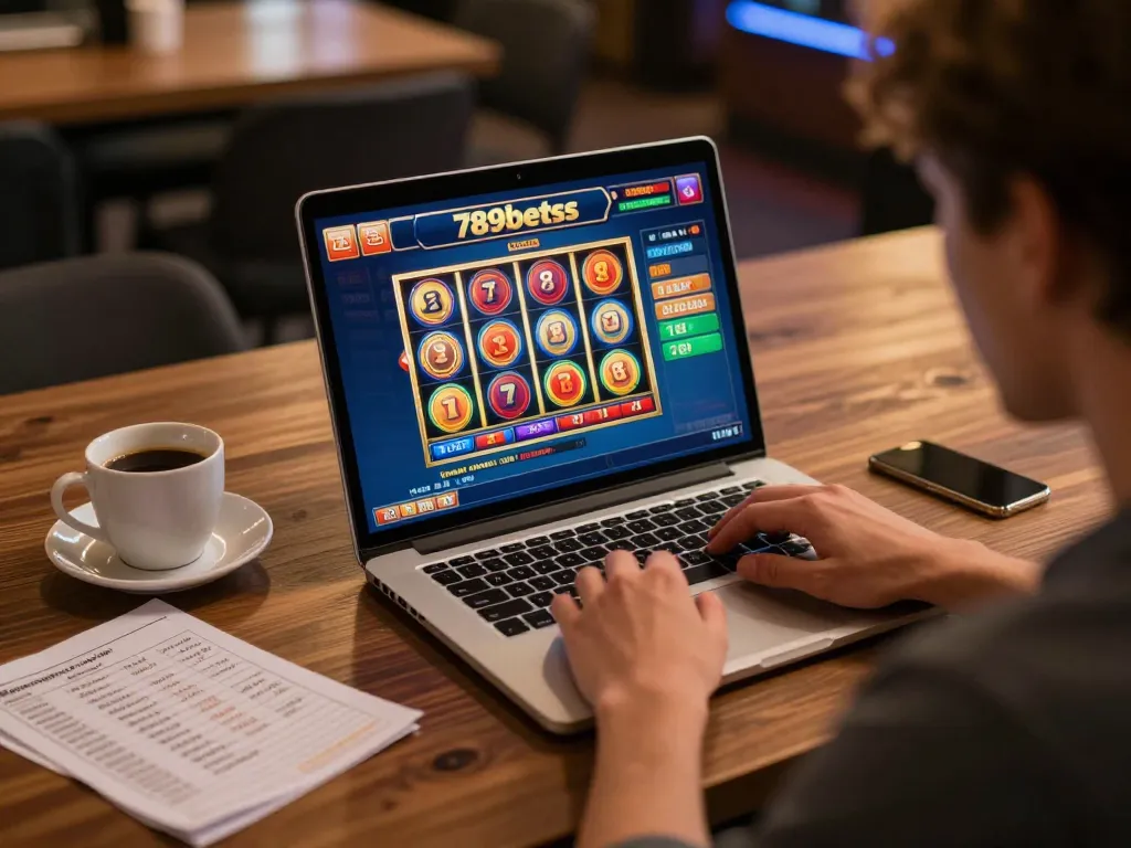 Play engaging casino games at 789betss on a laptop in a cozy home setting.
