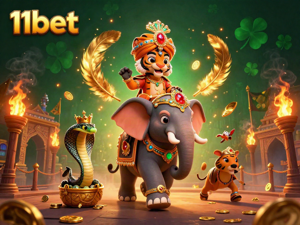 Engage in thrilling gameplay at 11bet with an extravagant 3D casino illustration featuring a maharaja and elephant.