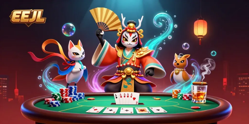 Engage in the thrilling world of EEJL where the kabuki warrior and kitsune come to life amidst rich casino elements.