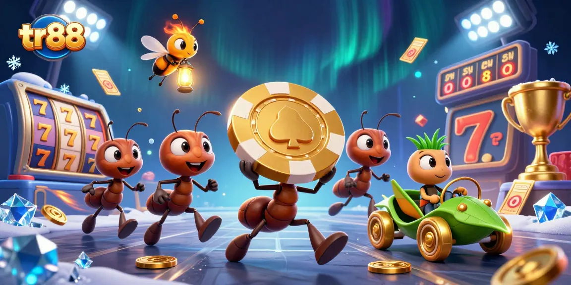 Experience thrilling heists at tr88 with a vibrant 3D illustration showcasing playful ants and casino excitement.
