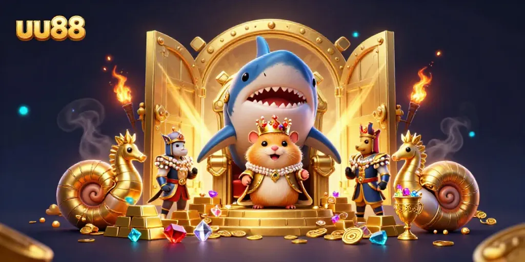 Experience thrilling gameplay at uu88 with a golden hamster king throne and treasure galore.