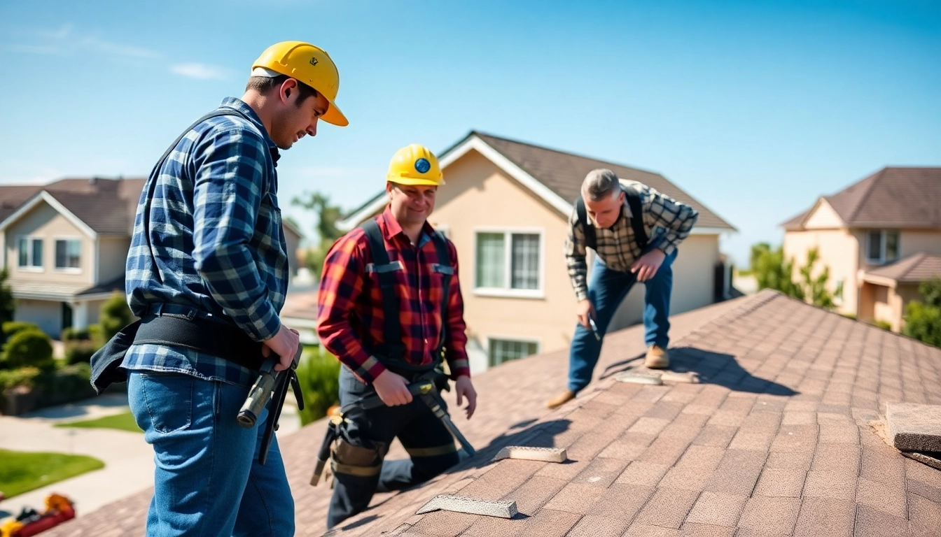 Inspecting a roof by a roofing company team with tools and a bright, suburban background.