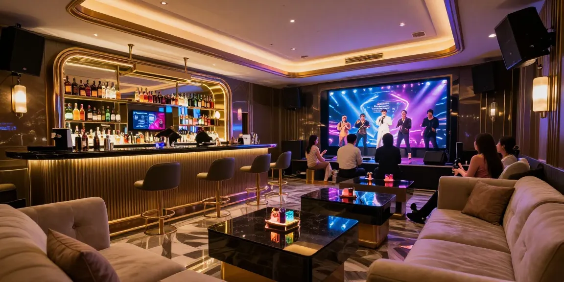 강남 세이렌의 고급스러운 노래방 내부, 생동감 있는 공연과 품격 있는 인테리어를 담은 모습