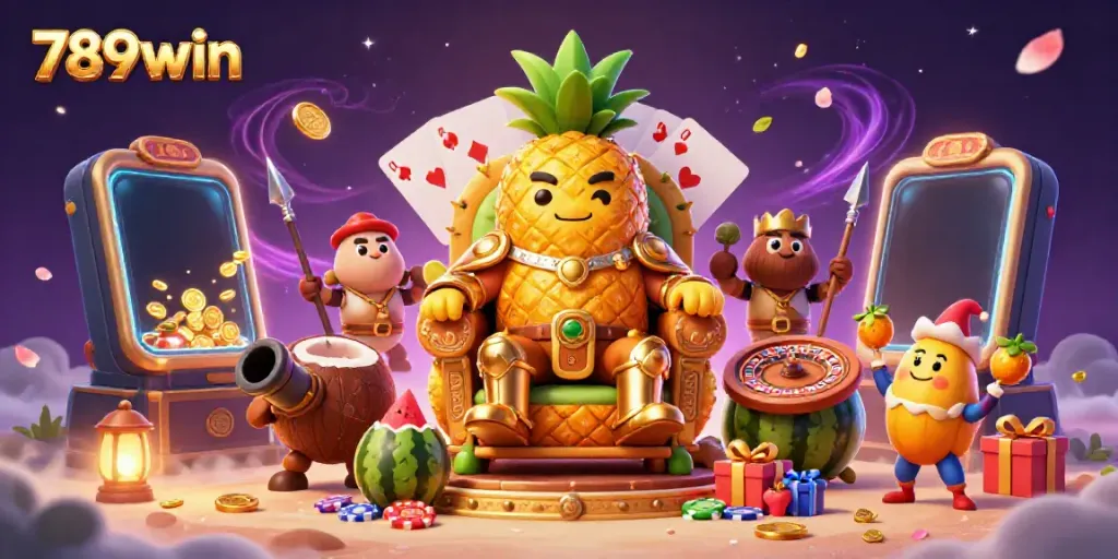 Experience vibrant casino action with 789win's playful golden pineapple king in a lively game scene.