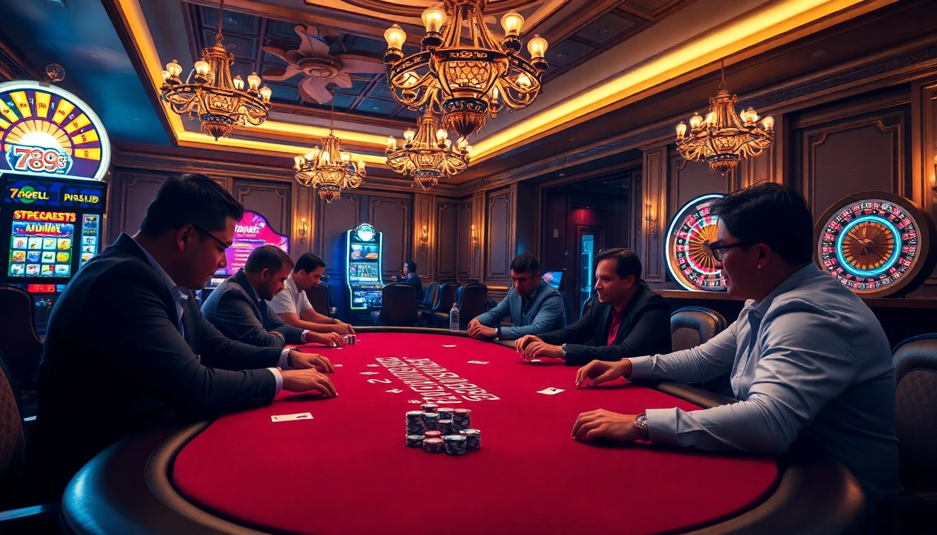 789club players engaging in a tense poker game with luxurious chips and cards, reflecting high-stakes excitement.