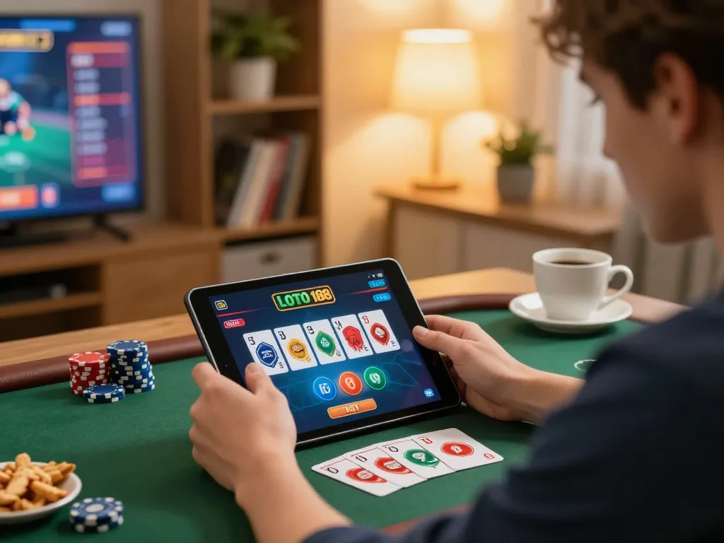 Engaged player using LOTO 188 app on tablet for poker game in cozy home setting.