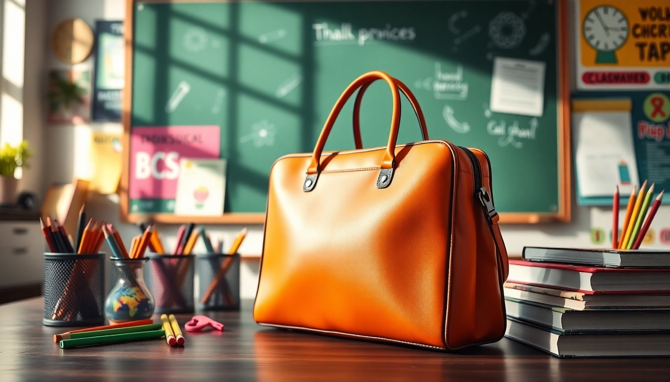 Entdecken Sie die Handytasche Klassenzimmer, elegant präsentiert mit Schulbedarf im Hintergrund.