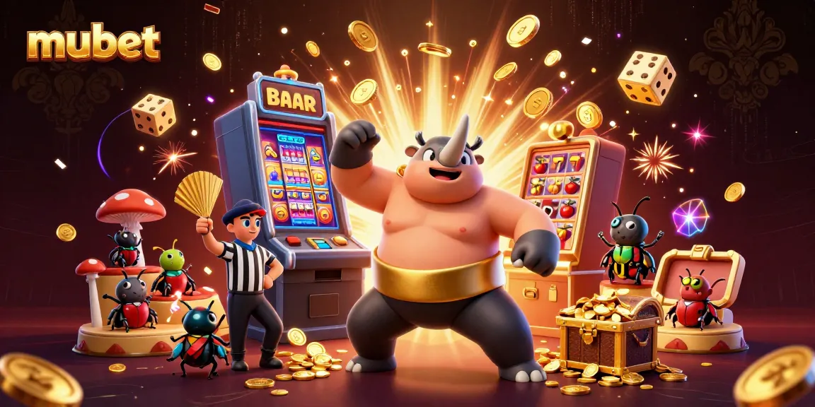 Experience thrilling bets with mubet featuring a vibrant 3D cartoon scene of a beetle champion and casino elements.