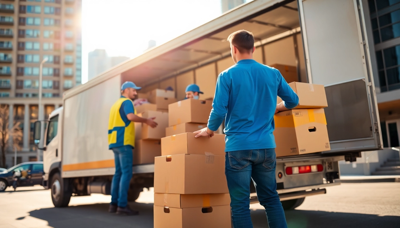 Efficient long distance movers Calgary loading a truck with belongings against a vibrant city skyline.