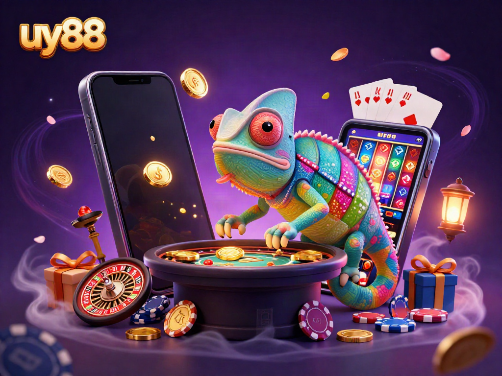 Experience thrilling games at uy88 with a vibrant 3D casino scene featuring colorful slots and gold coins.