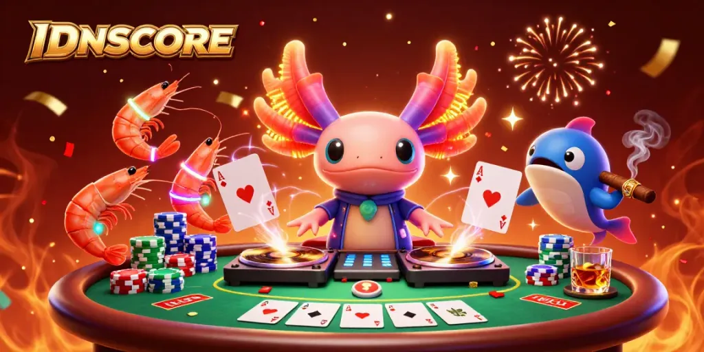 Join the fun with IDNSCORE at a vibrant casino party featuring an axolotl DJ and shrimp dancers.