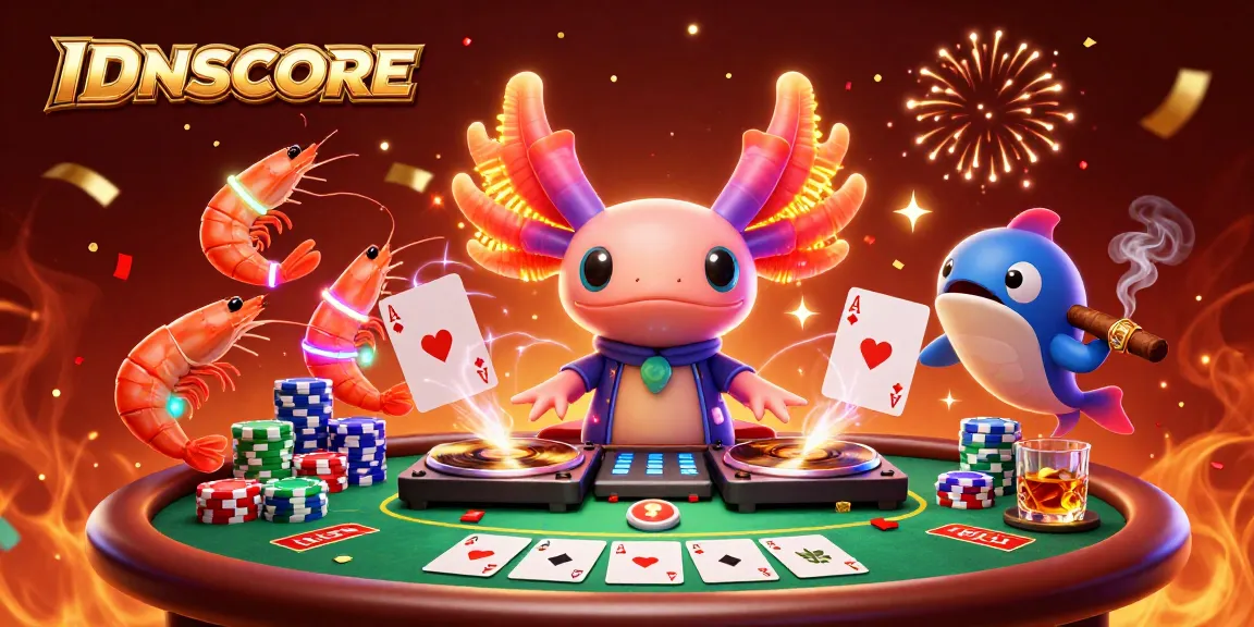 Join the fun with IDNSCORE at a vibrant casino party featuring an axolotl DJ and shrimp dancers.