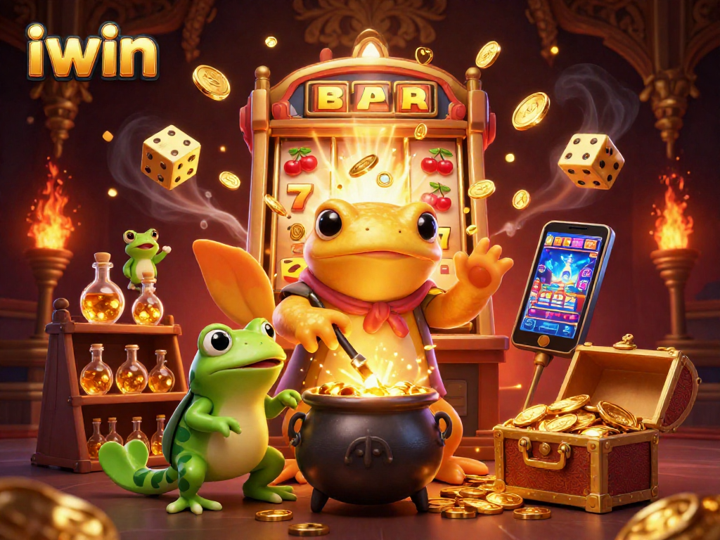 iwin showcases a magical scene with a golden salamander alchemist and a vibrant slot machine jackpot.