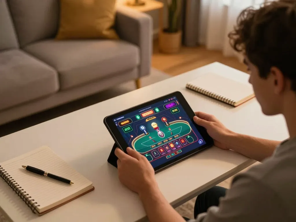 Player engaging in online casino gaming with rokok88 link alternatif on tablet, showcasing strategic gameplay.