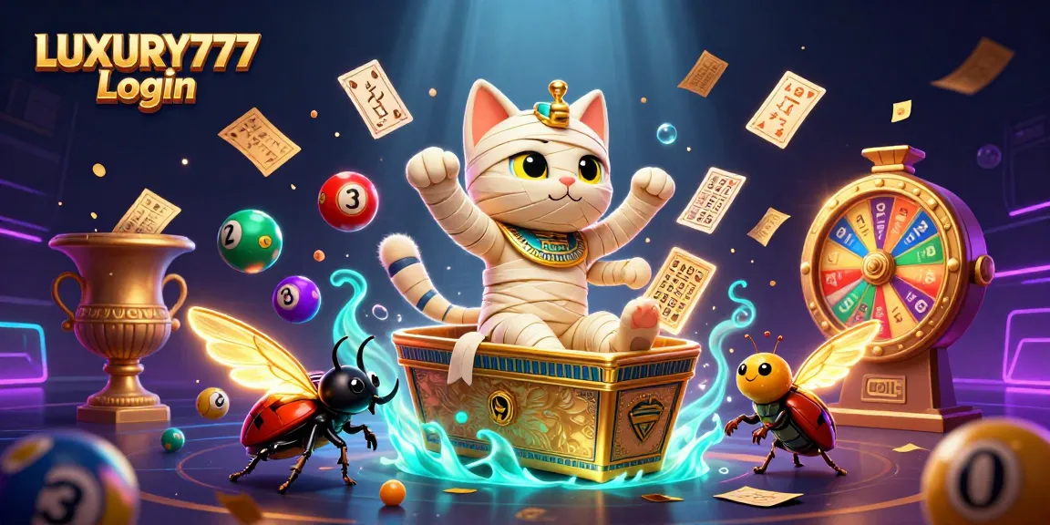 Memainkan LUXURY777 Login di kasino dengan karakter kucing mumi dan elemen permainan menarik.