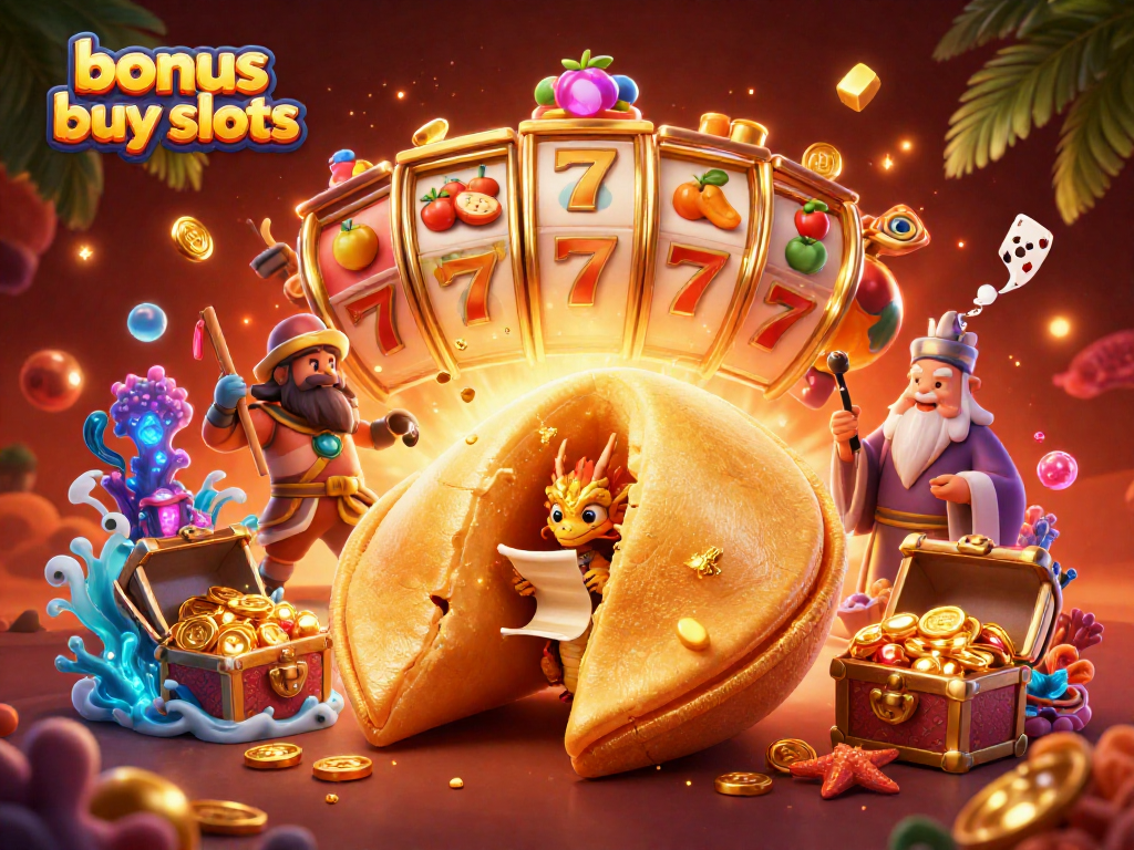 Engage in thrilling bonus buy slots with a vibrant fantasy scene featuring slot reels, a wise dragon, and golden treasures.