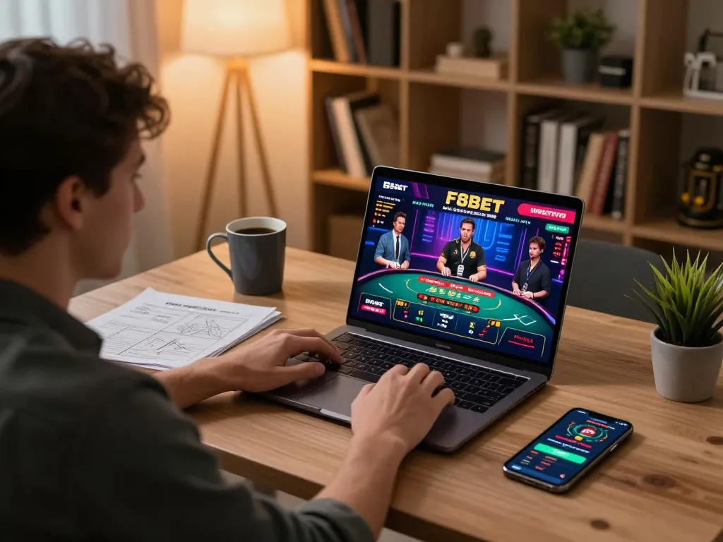 Person actively playing F8BET live casino games on a laptop, showcasing a vibrant gaming experience.