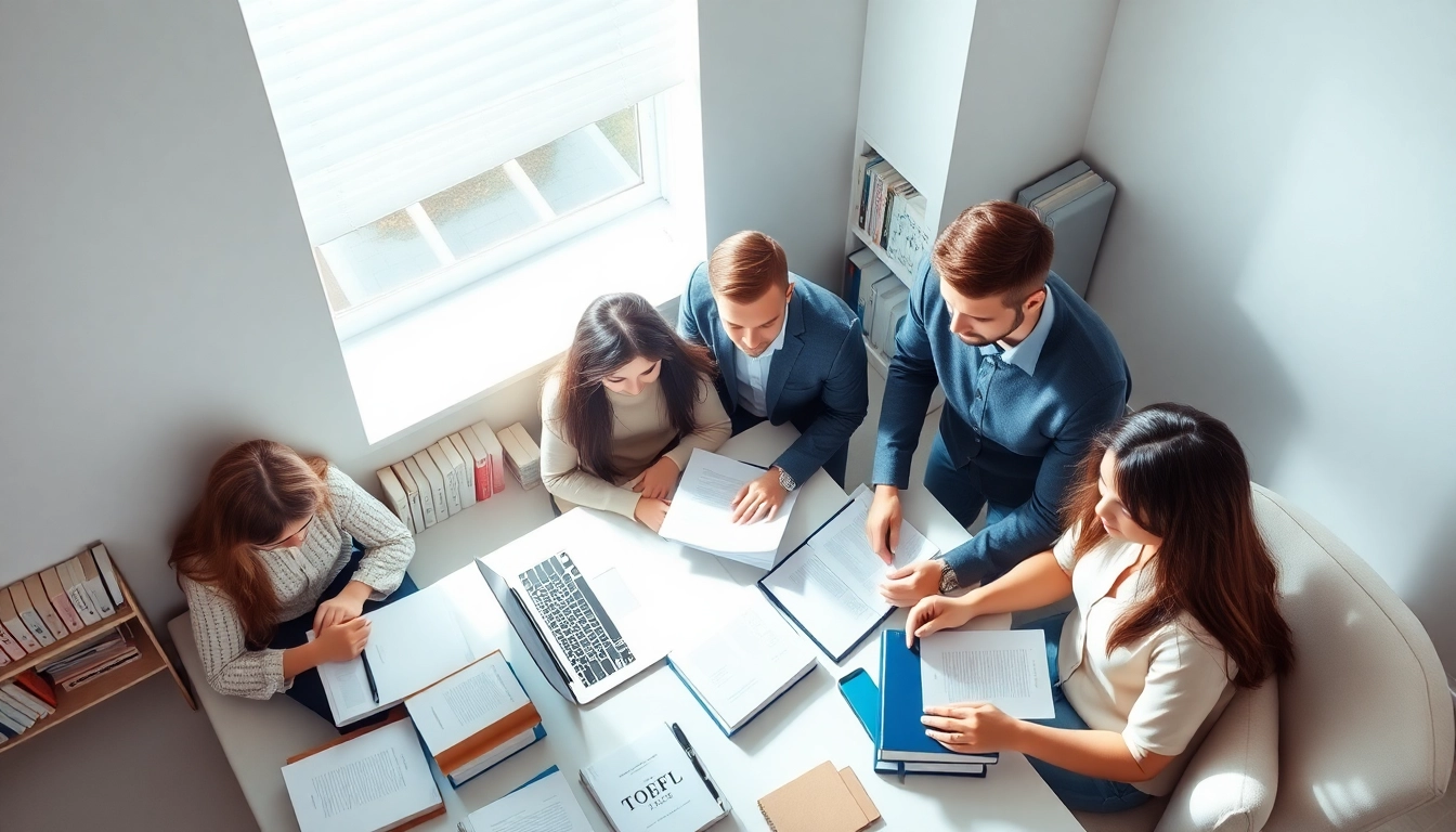 Engaged TOEFL test takers for hire collaborating in a bright study space.