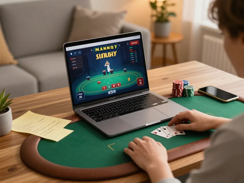 Player enjoying online poker at home while managing strategy with rik vip app on laptop.
