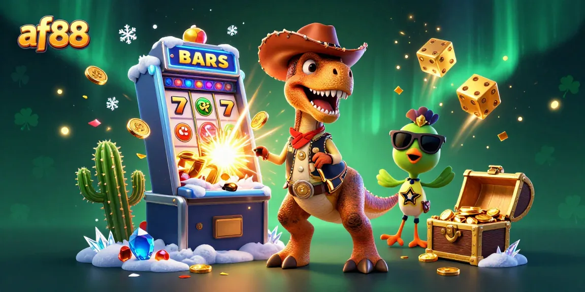 Play exciting casino games with af88 featuring a T-Rex, cactus, and roadrunner celebrating a jackpot win.