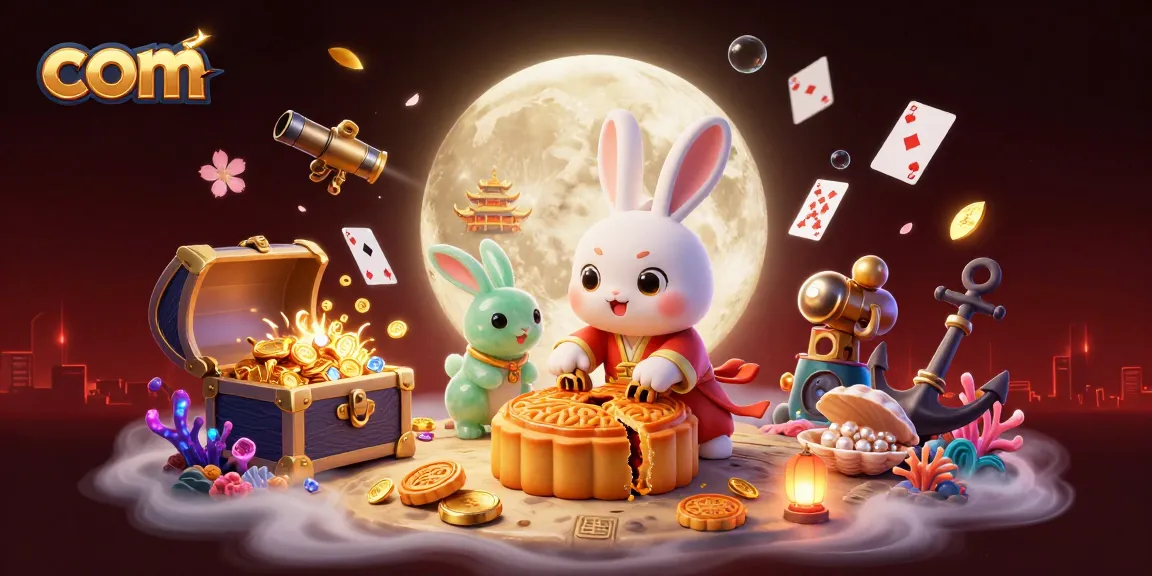 Engage with the lively com-themed illustration showcasing a moon rabbit and poker chips.