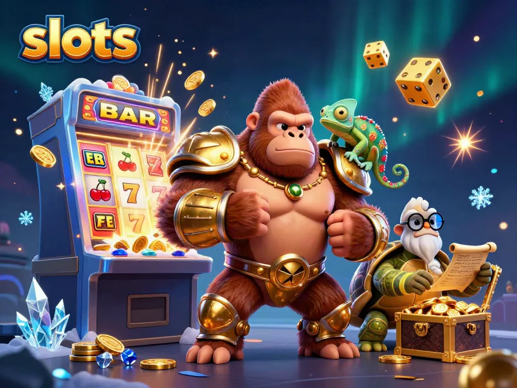 Engage in thrilling slots at BIG 777 with an exciting 3D casino scene featuring a gorilla king, chameleon, and tortoise elder.