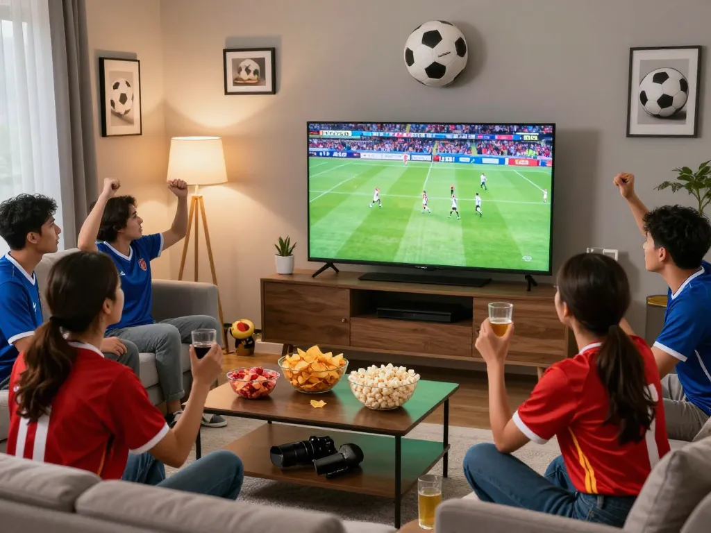 Experience live football matches at https://luongson117.tv/ with friends in a cozy living room setup.