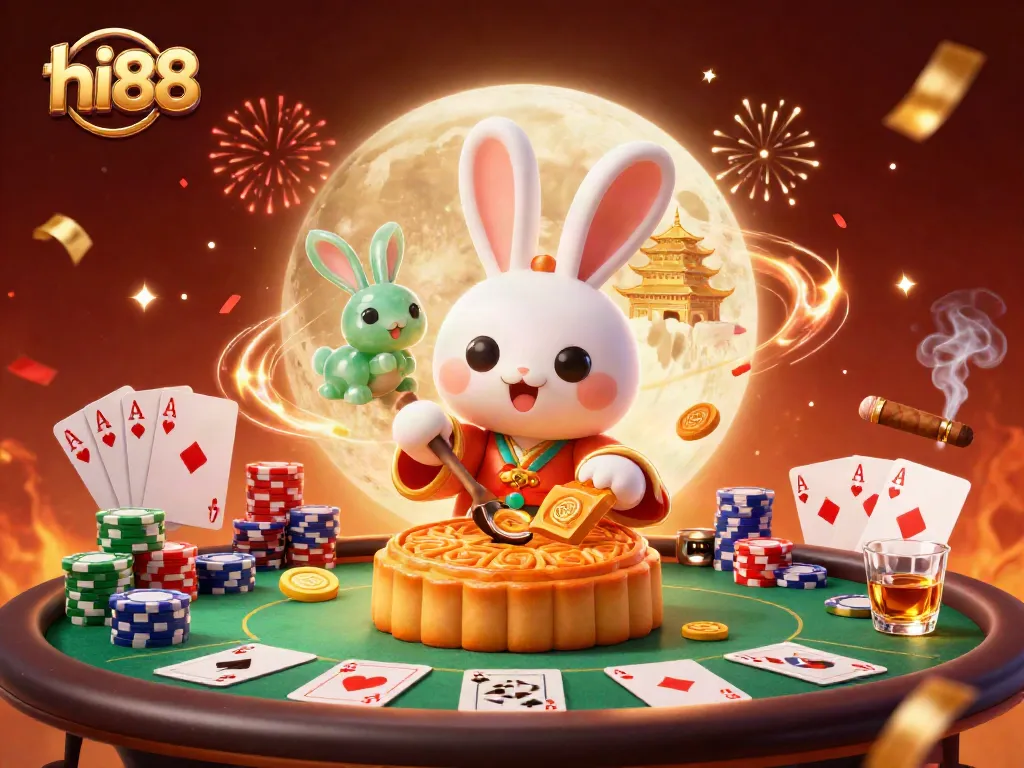 Experience thrilling gaming with hi88 as playful moon rabbits reveal poker chips amidst an enchanting lunar casino scene.