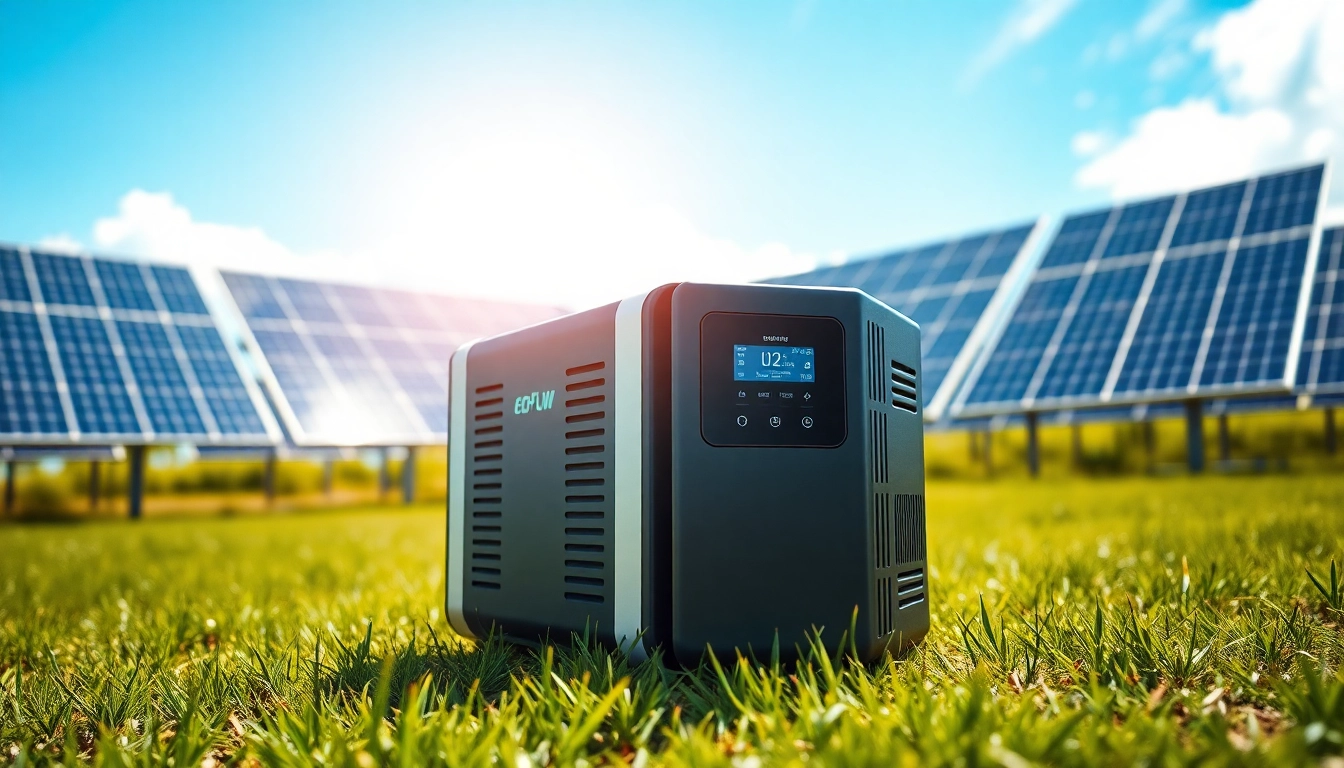 EcoFlow power station displayed outdoors with solar panels, emphasizing renewable energy solutions.