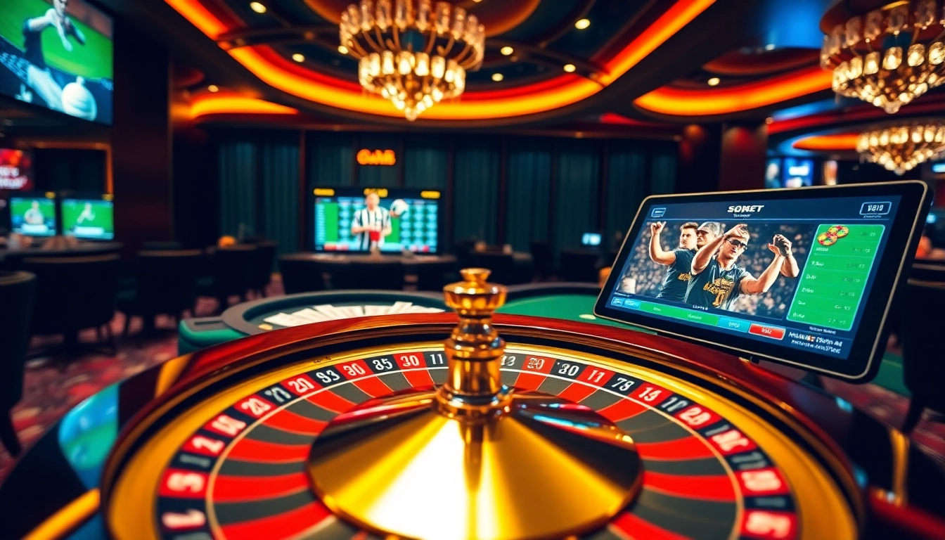 Engaging users with sbobet link alternatif at a vibrant online gambling table featuring poker chips and roulette wheel.