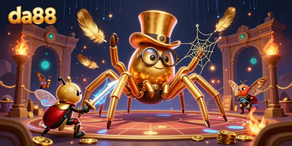 Experience thrilling gaming at da88 with the golden tarantula and brave beetle knight in an enchanting casino scene.