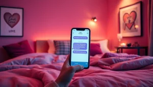 Sexting AI represented by a smartphone in a romantic bedroom setting with ambient lighting.