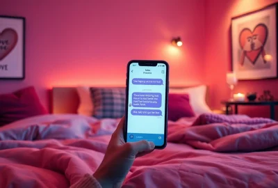 Sexting AI represented by a smartphone in a romantic bedroom setting with ambient lighting.