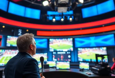 Engaged host in a vibrant sports broadcasting studio delivering live commentary.